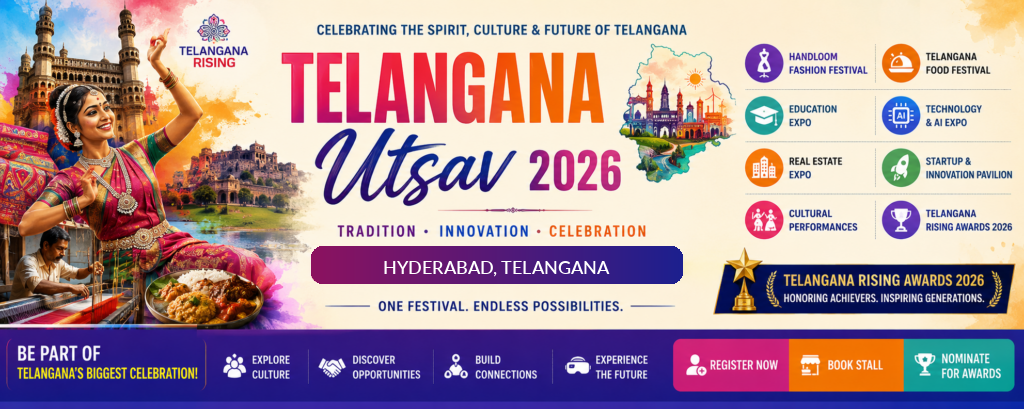 Telangana Utsav festival banner showcasing culture, food, innovation, exhibitions, and awards in Hyderabad