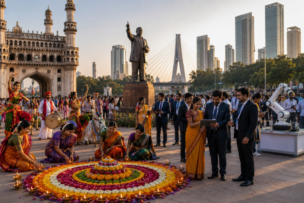 Telangana culture and modern growth represented together in Hyderabad