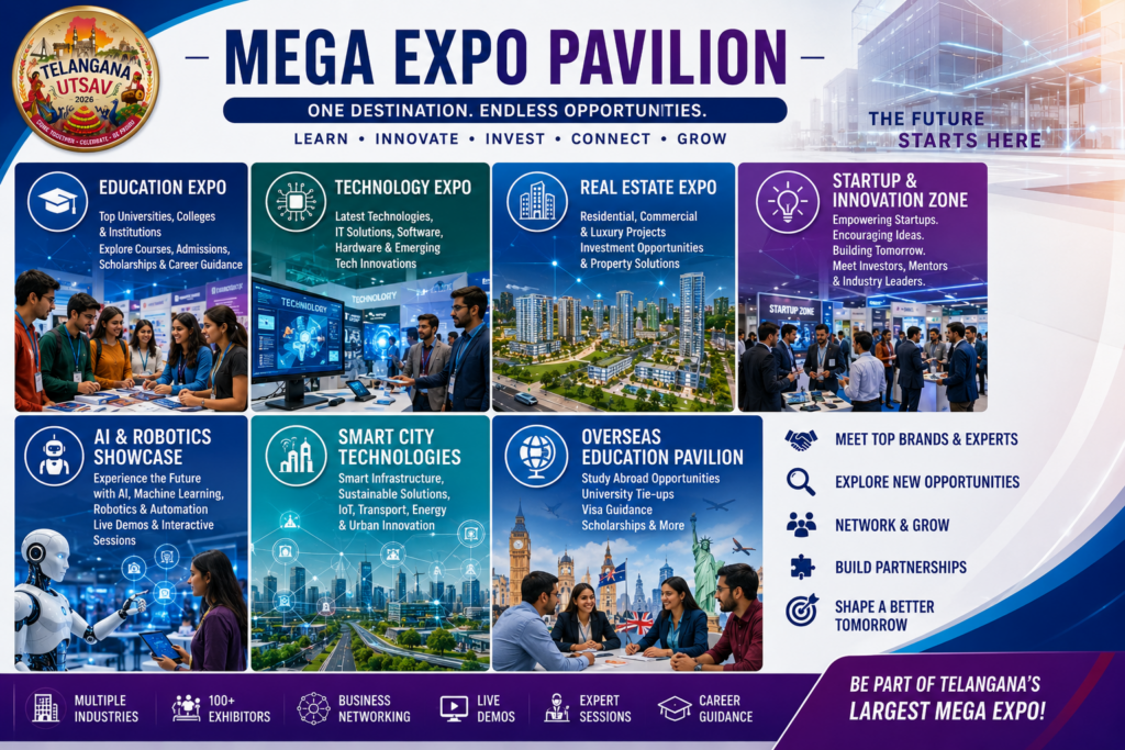 Mega expo pavilion featuring education, technology, real estate, startups, and robotics