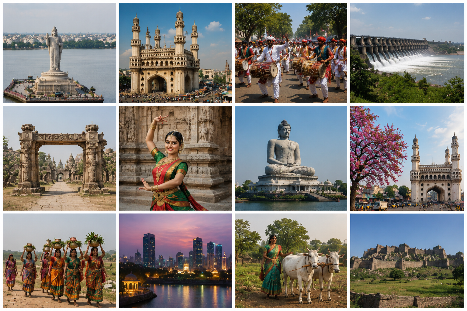 Collage of Telangana landmarks, dance, culture, agriculture, and city life